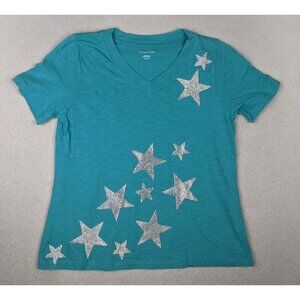 EILEEN FISHER - WOMEN'S TEAL GREEN SHORT SLEEVE T-SHIRT - RHINESTONE STARS -XXS